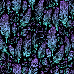 Naklejka na meble Seamless pattern with feather, beads and crystals gems. Vector illustration.
