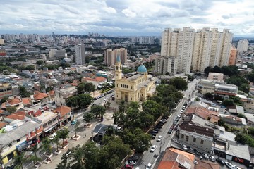 Aerial view of square and church of Freguesia do Ó's neighborhood, São Paulo, Brazil. Great landscape.