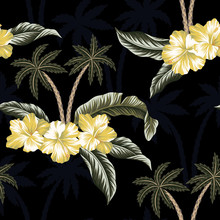 Tropical Vintage Hawaiian Palm Trees, Yellow Hibiscus Flower And Green Palm Leaves Floral Seamless Pattern Black Background. Exotic Jungle Wallpaper.