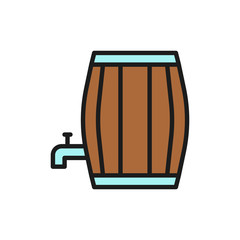 Sticker - Barrel of beer, barrel with tap, alcohol flat color line icon.