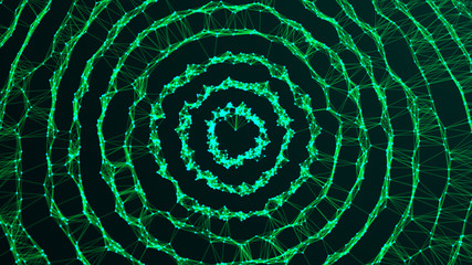 Poster - Abstract dynamic wave of points and lines. Network of bright particles connected by lines. Big data. 3d rendering.