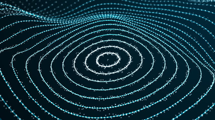 Poster - Abstract dynamic wave of points and lines. Network of bright particles connected by lines. Big data. 3d rendering.