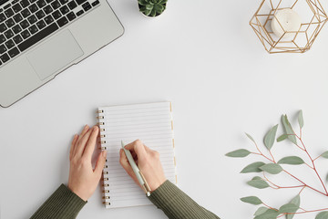 Wall Mural - Hands of young businesswoman holding pen over blank page of notebook