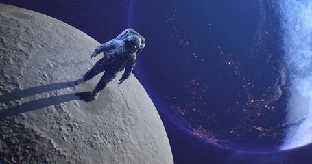 Wall Mural - astronaut armstrong standing on moon surface in space with earth and sun on background