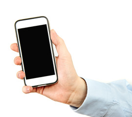 Poster - phone in hand on a white background. a man holds a phone with a blank display in his hand. the conce