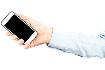 Poster - phone in hand on a white background. a man holds a phone with a blank display in his hand. the conce