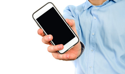 Poster - phone in hand on a white background. a man holds a phone with a blank display in his hand. the conce
