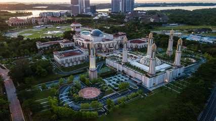 Wall Mural - Beautiful aerial landscape during sunrise at The Kota Iskandar Mosque located at Kota Iskandar, Iskandar Puteri, Johor State  Malaysia early in the morning