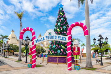 Christmas holidays in the Independence Square, Plaza de Independencia, near the San Felipe catholic cathedral in the city center of Puerto Plata, Dominican Republic