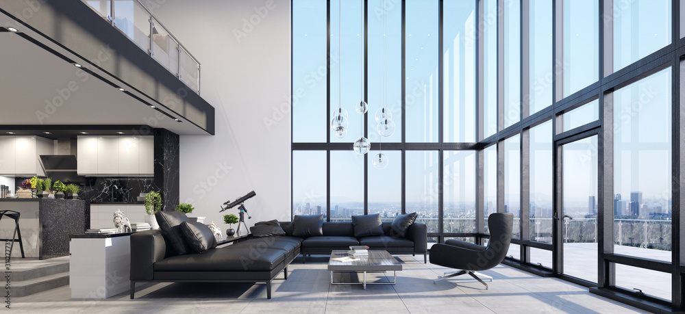 Luxury modern penthouse interior with panoramic windows, 3d render - obrazy, fototapety, plakaty 