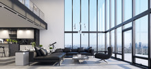 Luxury Modern Penthouse Interior With Panoramic Windows, 3d Render