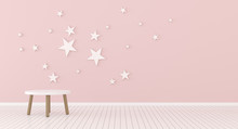 View Of Kids Living Room With Round Side Table On Pink Wall With Stars Background. 3d Rendering.