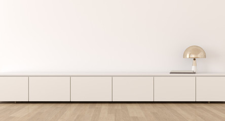 Poster - View of minimal living room with empty wall. Interior with TV cabinet. 3d rendering.	
