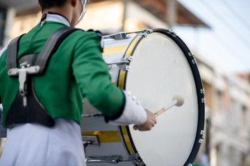 Close up and details of playing musicians, instruments in a marching, show band or music band