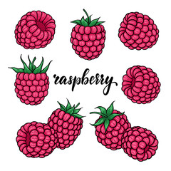 Wall Mural - set of Beautiful cartoon pink raspberry with black contour, symbol of summer. design for holiday greeting card and invitation of seasonal summer holidays, beach parties, tourism and travel