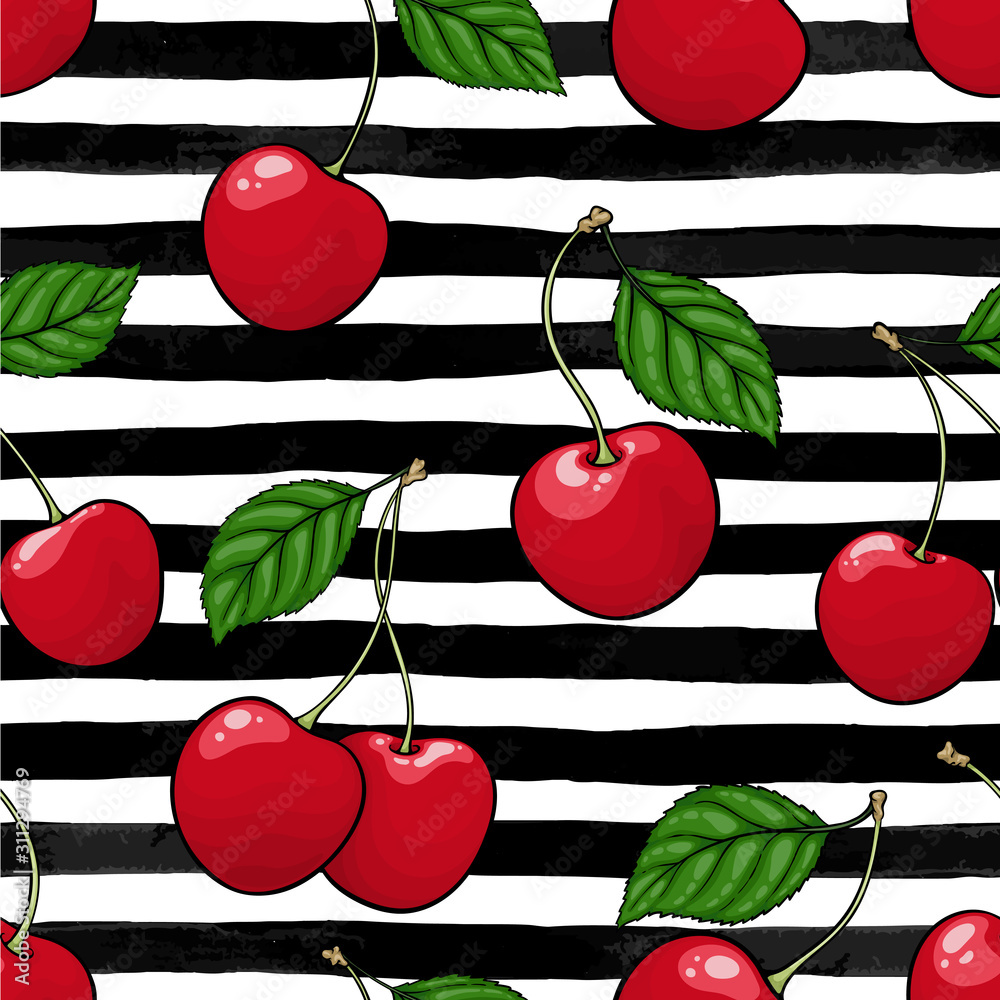 seamless pattern red cherry with leaf on black and white watercolor stripes. design holiday greeting card and invitation of seasonal summer holidays, beach parties, tourism and travel - obrazy, fototapety, plakaty 