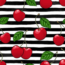 Seamless Pattern Red Cherry With Leaf On Black And White Watercolor Stripes. Design Holiday Greeting Card And Invitation Of Seasonal Summer Holidays, Beach Parties, Tourism And Travel