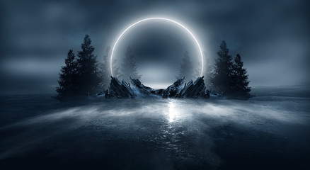 modern futuristic neon abstract background. large object in the center, space background. dark scene