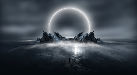 Wall Mural - modern futuristic neon abstract background. large object in the center, space background. dark scene