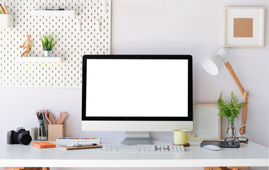 Fototapete - Workspace desk and laptop. copy space and blank screen. Business image, Blank screen laptop and supplies.