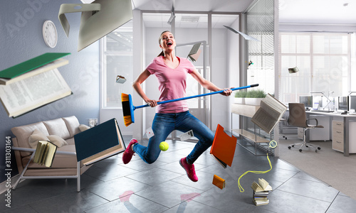 Cuadros en Lienzo Woman doing funny cleaning. Mixed media