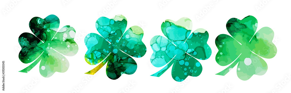 Set of watercolor four-leaf clovers. Happy St. Patrick's Day. mixed media. Vector illustration - obrazy, fototapety, plakaty 