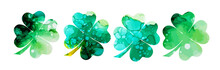 Set Of Watercolor Four-leaf Clovers. Happy St. Patrick's Day. Mixed Media. Vector Illustration
