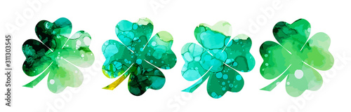 Photographie Set of watercolor four-leaf clovers