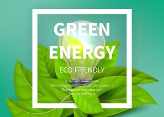 Sticker - Green energy background. Eco light bulb, green leaves. Eco friendly vector ad banner. Realistic light bulb illustration. Innovation ecosystem electricity, ecofriendly ecological power