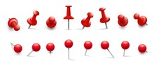Red Thumbtack. Push Pins In Different Angles For Attachment. Pushpins With Metal Needle And Red Head Isolated Vector Set. Illustration Thumbtack Attach, Office Pushpin For Paper