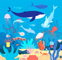 Wall Mural - Underwater. Cute undersea animals, cartoon sea wildlife. Happy aquarium habitat, oceanic fishes and mammals. Marine life vector background. Sea and coral exotic, wildlife natural ocean illustration