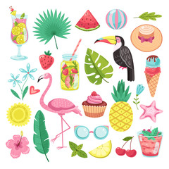 Poster - Summer elements. Tropical vacation stickers. Flamingo, ice cream and pineapple, leaf and cocktail, parrot and beach hat, starfish vector set. Illustration flamingo and watermelon, palm and fruit