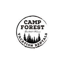 Fir Pines Evergreen Tree Outdoor Adventure Camp. Forest Vintage Retro Rustic Hipster Stamp Logo Design