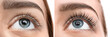 Beautiful young woman before and after eyelashes lamination, closeup