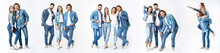 Collage With Stylish Young People In Jeans Clothes On White Background