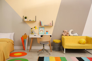 Poster - stylish child room interior with comfortable bed and desk