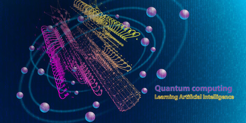 Quantum computer. Abstract tech background concept with qubit. Learning artificial intelligence element. Cryptography infographic vector. Big data algorithms visualization.