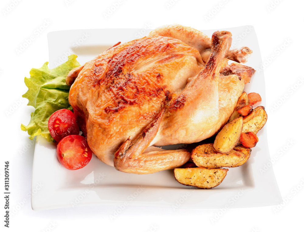 Plate with baked chicken and potato on white background