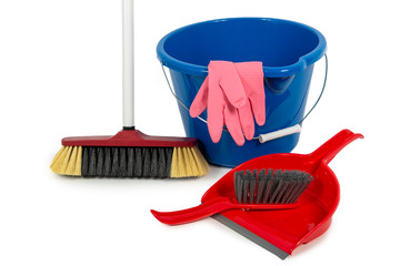 bucket, broom, dustpan isolated on white background