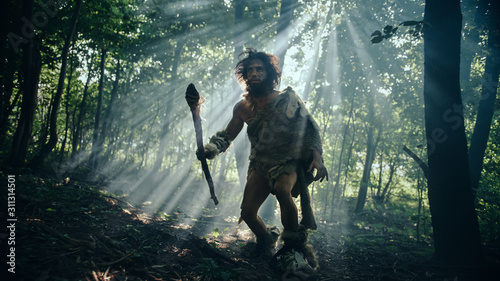 Cuadros en Lienzo Primeval Caveman Wearing Animal Skin Holds Stone Tipped Spear Looks Around, Explores Prehistoric Forest in a Hunt for Animal Prey