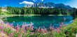 Panoramic beautiful view of Carezza lake with Latemar Mountain, Trentino-Alto Adige Region, Bolzano, Italy..