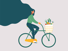 Young Smiling Girl With Long Hair Riding Bicycle With Fresh Vegetables In Front Basket. Concept Of Green Lifestyle, Zero Waste, Vegetarianism, Environment Preservation. Flat Vector Illustration.