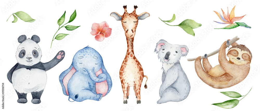 Watercolor animals character collection. Panda, sloth, giraffe, koala, elephant - obrazy, fototapety, plakaty 