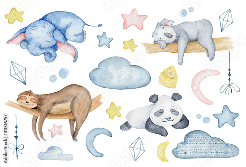 Naklejka na szybę Watercolor animals character collection. Panda, giraffe, koala, elephant