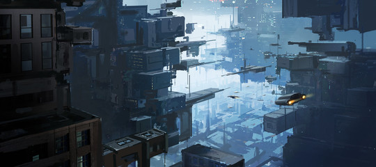 Wall Mural - multi-dimensional urban space, exotic concepts, digital painting.