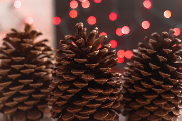 Wall Mural - Giant Christmas pinecones (Jeffrey Pine Cones) in front of red bokeh Christmas Lights