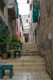 Fototapeta Na drzwi - A small narrow street with steps and greenery in an old European city.