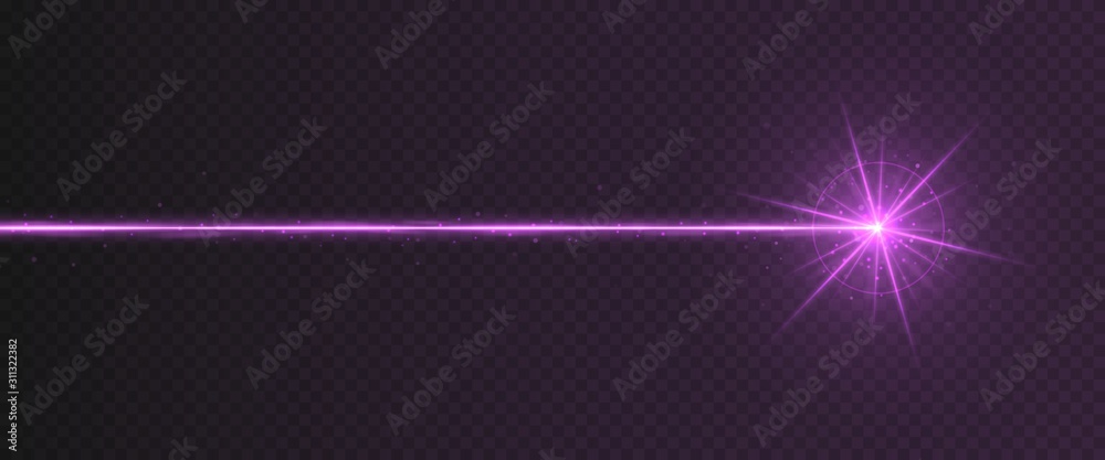 Purple laser beam light effect isolated on transparent background. Violet neon light ray with sparkles. - obrazy, fototapety, plakaty 