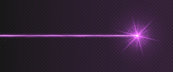 Purple laser beam light effect isolated on transparent background. Violet neon light ray with sparkles.