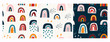 Various rainbows. Kids drawing style. Different ornaments. Childish scandinavian style. Flat design. Set of three Hand drawn colored vector seamless patterns. Modern trendy illustrations